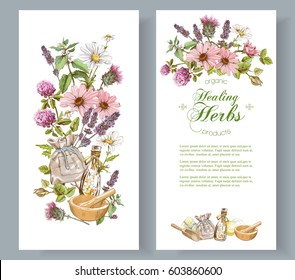 Vector herbal cosmetics vertical banners on white background. With place for text