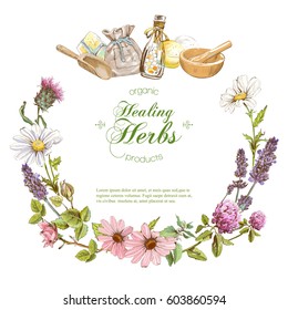 Vector herbal cosmetics wreath banner on white background. With place for text