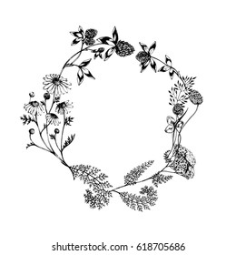 Vector herbal frame with wild and medical flowers and plants on white. Hand drawn botanical illustration in vintage style for print, card and other herbal retro elegant design. Black and white.