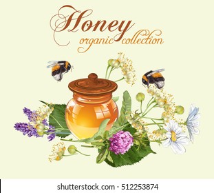 Pancarta de miel de plantas vectoriales con abejas. Diseño para el té de hierbas, cosméticos naturales, miel, productos de salud, homeopatía, aromaterapia, perfume. Con lugar para texto