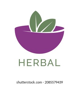 Vector herbal logo. A plate or mortar with natural leaves.