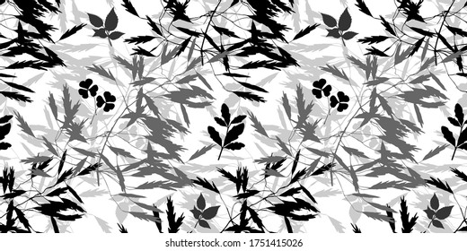 Vector herbal pattern. Seamless floral background for packaging, textiles, Wallpaper. Monochrome floral elements. White background. Hand-drawn vector illustration.