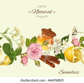 Vector herbal seamless border with linden, jasmine, lemon and cinnamon. Design for tea, natural cosmetics, baking,candy and sweets, grocery, health care products. Best for packaging design. 
