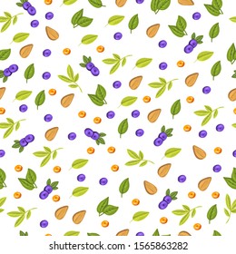 Vector herbal seamless pattern with green leaves, small blueberries and almond. Simple texture for wallpapers, apparel, wrapping, package, linen. White background.