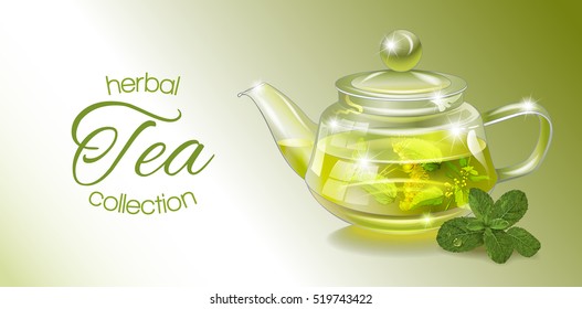 Vector herbal tea banner with transparent teapot and mint. Design for herbal and green tea, drink menu, homeopathy, aromatherapy and health care products. With place for text.