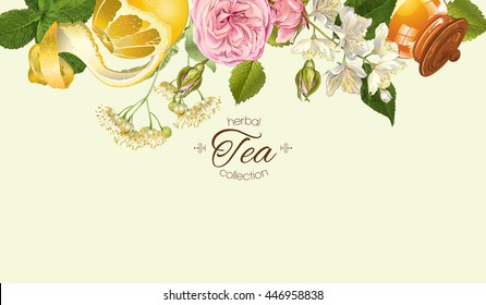 Vector herbal tea horizontal banner with rose and jasmine flowers, lemon and honey. Design for tea, juice, natural cosmetics, baking,candy and sweets,grocery,health care products. With place for text.