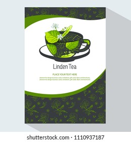 Vector herbal tea,  linden leaves and linden flowers. Background design for packaging, tea shop, drink menu, homeopathy and health care products. With place for text.