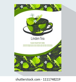 Vector herbal tea,  linden leaves and linden flowers. Background design for packaging, tea shop, drink menu, homeopathy and health care products. With place for text.
