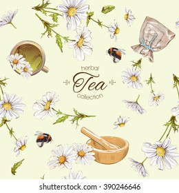 Vector herbal tea seamless pattern with chamomile flowers. Background design for tea, homeopathy, herbal cosmetics, grocery,health care products. Best for fabric, textile, wrapping paper.