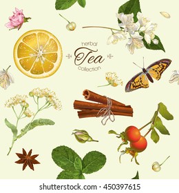 Vector herbal tea seamless pattern with linden,jasmine flowers,and cinnamon. Design for tea, natural cosmetics, baking,candy and sweets,grocery,health care products. Best for textile, wrapping paper.