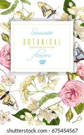 Vector herbal tea vertical banner with rose, linden, jasmine flowers and butterflies. Design for tea, natural cosmetics, sweets and chocolate packaging. Can be used as greeting card,wedding invitation