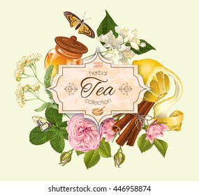 Pancarta vectorial con flores de lienzo y jazmín, limón y miel. Diseño para té, zumo, cosméticos naturales, horneado, dulces y dulces, productos de salud. Se puede utilizar como diseño de logotipo.