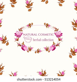 Vector herbal treatment seamless pattern with rose. Background design for homeopathy, herbal cosmetics, grocery, health care products
