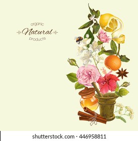 Vector herbal vertical banner with mortar , fruits ,flowers and honey. Design for tea, juice, natural cosmetics, baking,candy and sweets, grocery, health care products. With place for text.