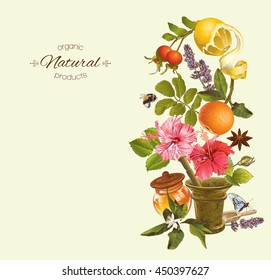 Vector herbal vertical banner with mortar , fruits flowers and honey. Design for tea, juice, natural cosmetics, baking,candy and sweets,grocery,health care products. With place for text.