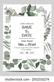 Vector herbal wedding invitation template. Different herbs, green plants and leaves. All elements can be isolated.