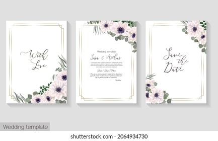 Vector herbal wedding invitation template. White anemones, green plants and leaves, unripe berries, gold frame. All elements can be isolated.