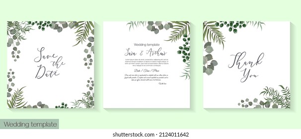 Vector herbal wedding invitation template. Different herbs, green plants and leaves, unripe berries, round gold frame. All elements can be isolated.