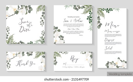 Vector herbal wedding invitation template. Different herbs, white orchid, green plants and leaves, unripe berries, round gold frame. The set consists of an invitation card, thank you, rsvp, menu.