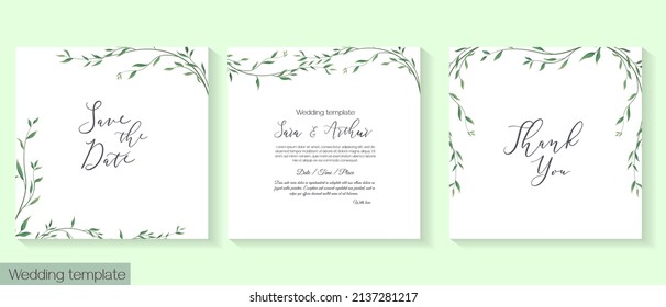 Vector herbal wedding invitation template. Different herbs, green plants and leaves. All elements can be isolated.