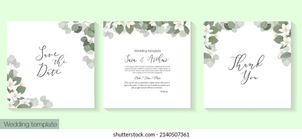 Plantilla de invitación a bodas herbívoras. Magnolia blanca, sakura, eucalipto, plantas verdes y hojas. Todos los elementos se pueden aislar.