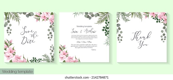 Vector herbal wedding invitation template. Different herbs, Sakura, magnolia, green plants and leaves, unripe berries, round gold frame. All elements can be isolated.