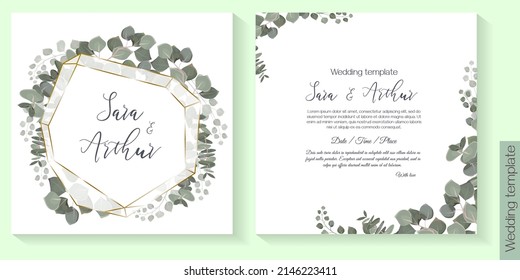 Vector herbal wedding invitation template. Different herbs, green plants and leaves, round frame. All elements can be isolated