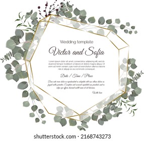 Vector herbal wedding invitation template. Different herbs, green plants and leaves, round frame. All elements can be isolated