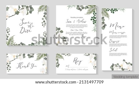 Vector herbal wedding invitation template. Different herbs, white orchid, green plants and leaves, unripe berries, round gold frame. The set consists of an invitation card, thank you, rsvp, menu.