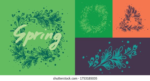 Vector herbal wreaths with hand-drawn flowers. Natural label cosmetics. Herb wreath Illustration for florist store, healthy food logo. Floral emblem for organic sign, chaplet symbol. Tulip garland. 
