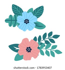 Vector herbarium of cute flowers. Colorful composition of vector flowers. Hand drawn flowers and leaves illustrations isolated on white.