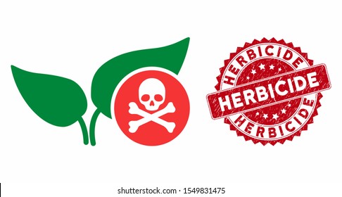 Vector Herbicide Icon And Corroded Round Stamp Seal With Herbicide Text. Flat Herbicide Icon Is Isolated On A White Background. Herbicide Stamp Seal Uses Red Color And Scratched Design.