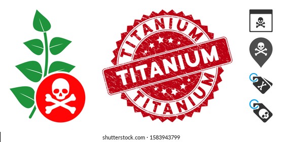 Vector herbicide toxin icon and rubber round stamp seal with Titanium text. Flat herbicide toxin icon is isolated on a white background. Titanium seal uses red color and rubber texture.