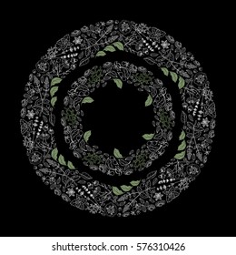 Vector herbs and flowers round pattern. Herbal botanical outline sketch. White line on black background.  Hand drawn image.