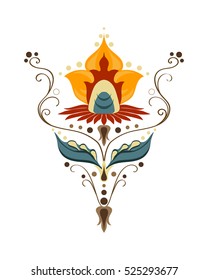 Vector Herbs and Gorgeous Flower for design. Ornament red, sea blue, orange, yellow flower for fashion print.