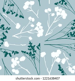 Vector herbs seamless pattern. Wild grass silhouettes background. Hand drawn vector seamless pattern with floral elements. Vector pattern with grass and flowers. 