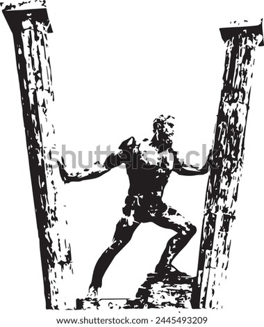 vector Hercules depicted demolishing pillars at the edge of the world  isolated on a white background.