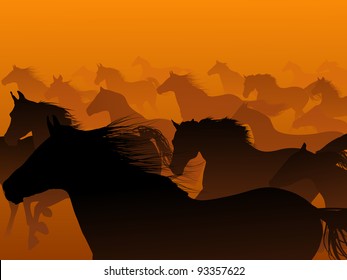 Vector herd of horse in haze.