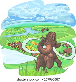 vector herd of mammoths on the plains near the river near the village of primeval
