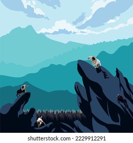 Vektorgrafik: Eine Herde von Bergziegen, die auf einen felsigen Hügel klettern.