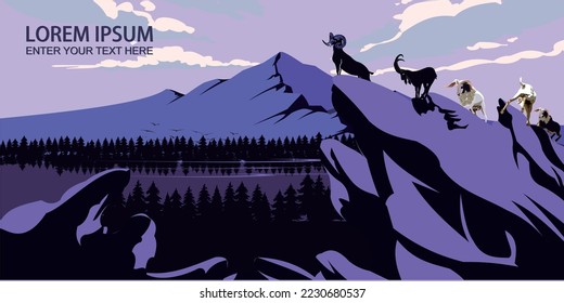 Vector: A herd of mountain goats climbing a rocky hill.