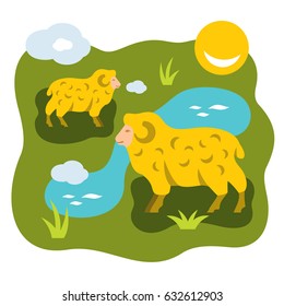 Vector Herd of sheep on a meadow. Flat style colorful Cartoon illustration.