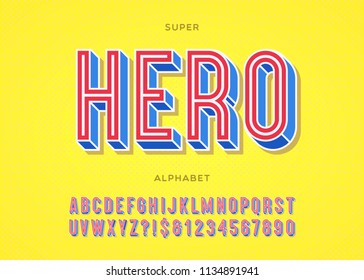 Vector hero font typography colorful style for logo, decoration, party poster, t shirt, book, greeting card, sale banner, printing on fabric. Cool trendy 3d typeface. Modern alphabet. 10 eps