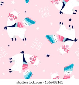 Vector hero llama seamless pattern for girls. Hand-drawing lettering, slogan.