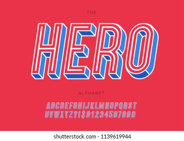 Vector hero slanted alphabet colorful style for decoration, logo, party poster, t shirt, book, greeting card, sale banner, printing on fabric, stamp. Cool typography typeface. Modern 3d font. 10 eps