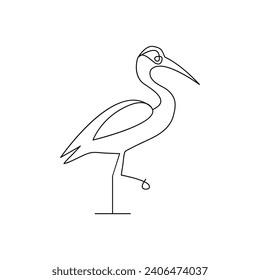 Vector heron bird continuous line art illustration on white background and minimalist