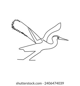 Vector heron bird continuous line art illustration on white background and minimalist