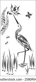Vector Heron, flowers, butterfly and dragonflies