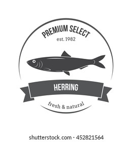 Vector herring emblem, label. Template for stores, markets, food packaging. Seafood illustration.