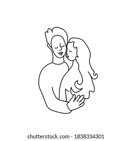 A vector heterosexual couple with a black line. Man and woman holding hands doodle style. Lovers walking hand draw for Valentine's Day. Design for social networks, articles, posters, cards, web.